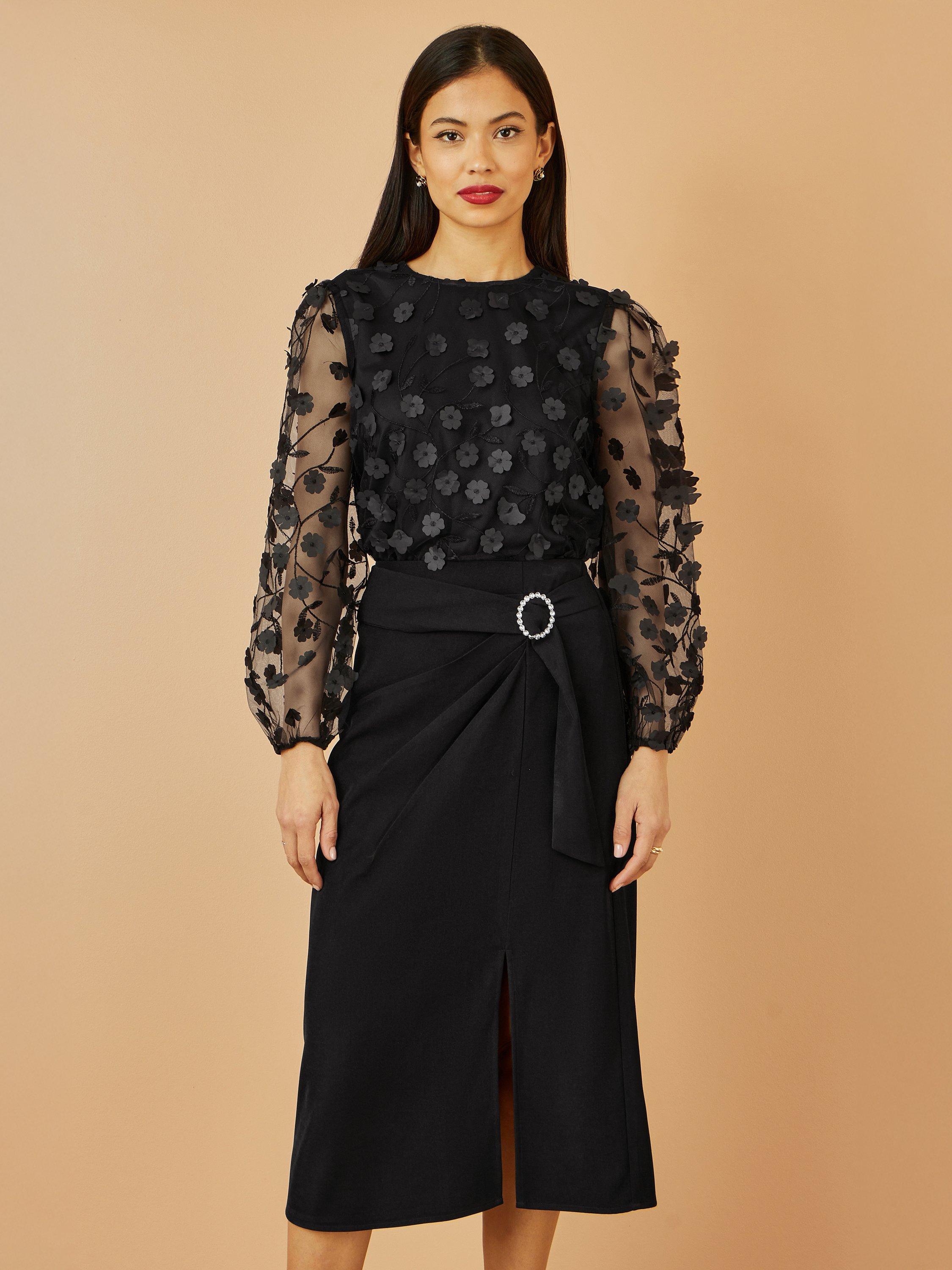 Product image 2 of 4, which shows Yumi Sheer Sleeve Applique Flower Top, Black, 8
