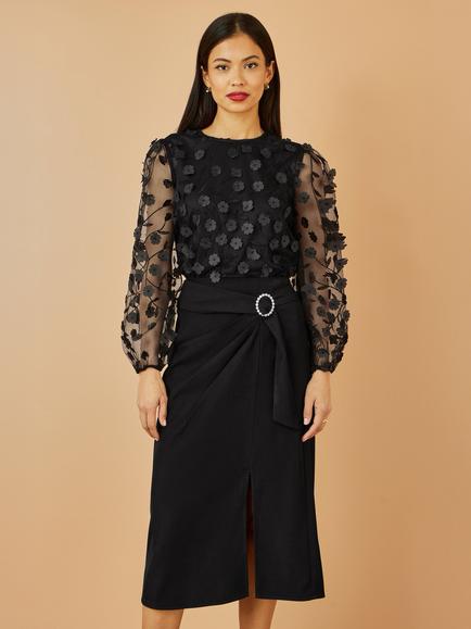 Yumi Sheer Sleeve Applique Flower Top - view 2, Black