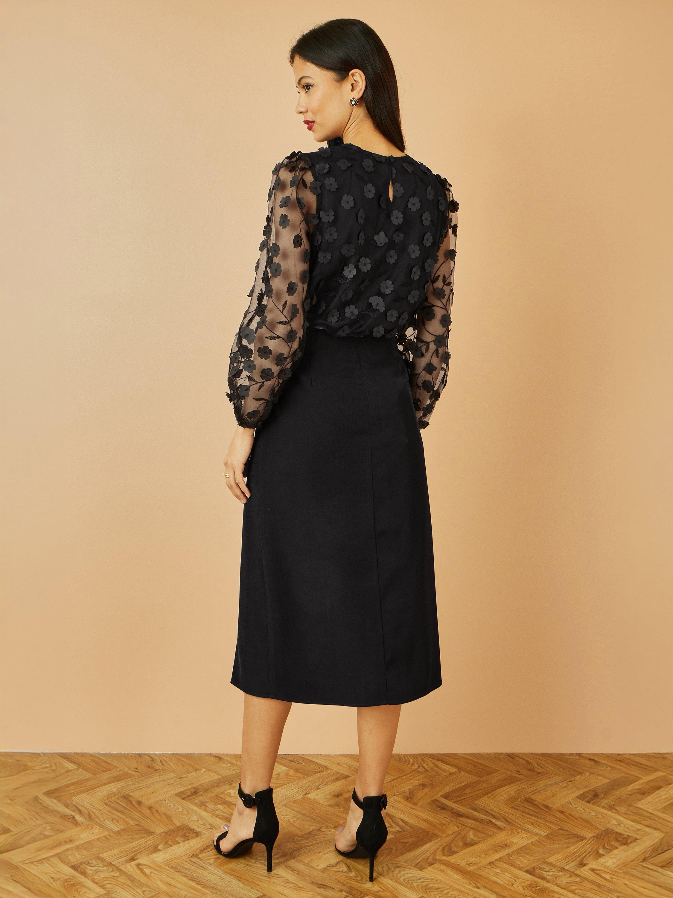 Product image 4 of 4, which shows Yumi Sheer Sleeve Applique Flower Top, Black, 8