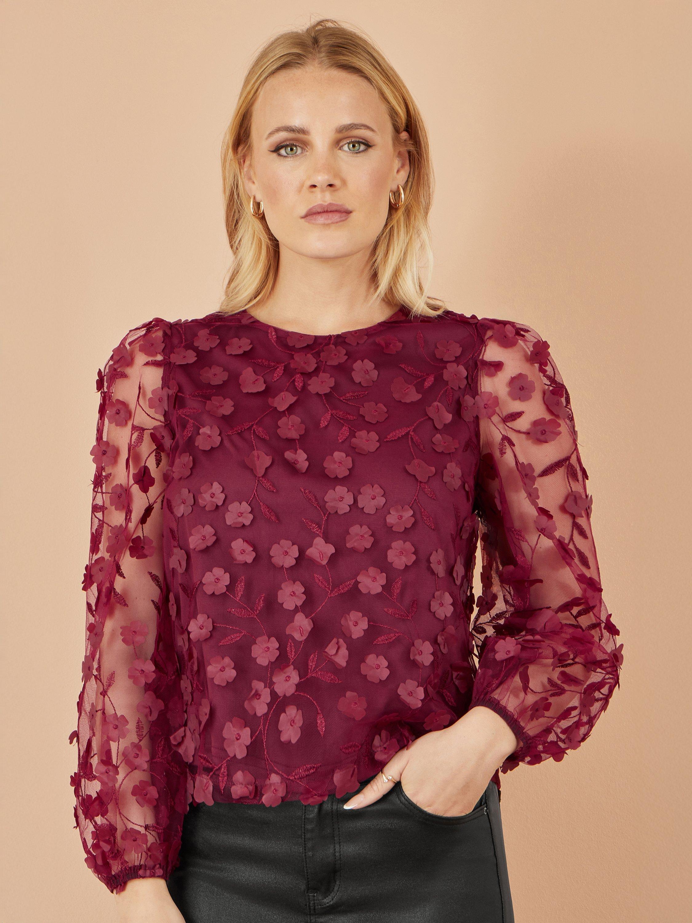 Product image 1 of 4, which shows Yumi Sheer Sleeve Flower Applique Top, Burgundy, 8