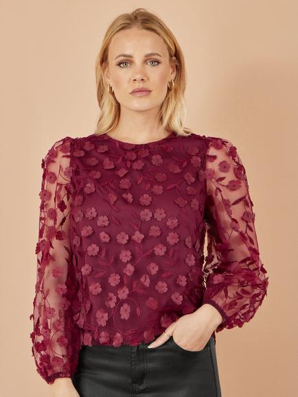 Yumi Sheer Sleeve Applique Flower Top, Burgundy