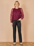 Yumi Sheer Sleeve Flower Applique Top, Burgundy