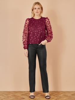 Yumi Sheer Sleeve Applique Flower Top - view 2, Burgundy
