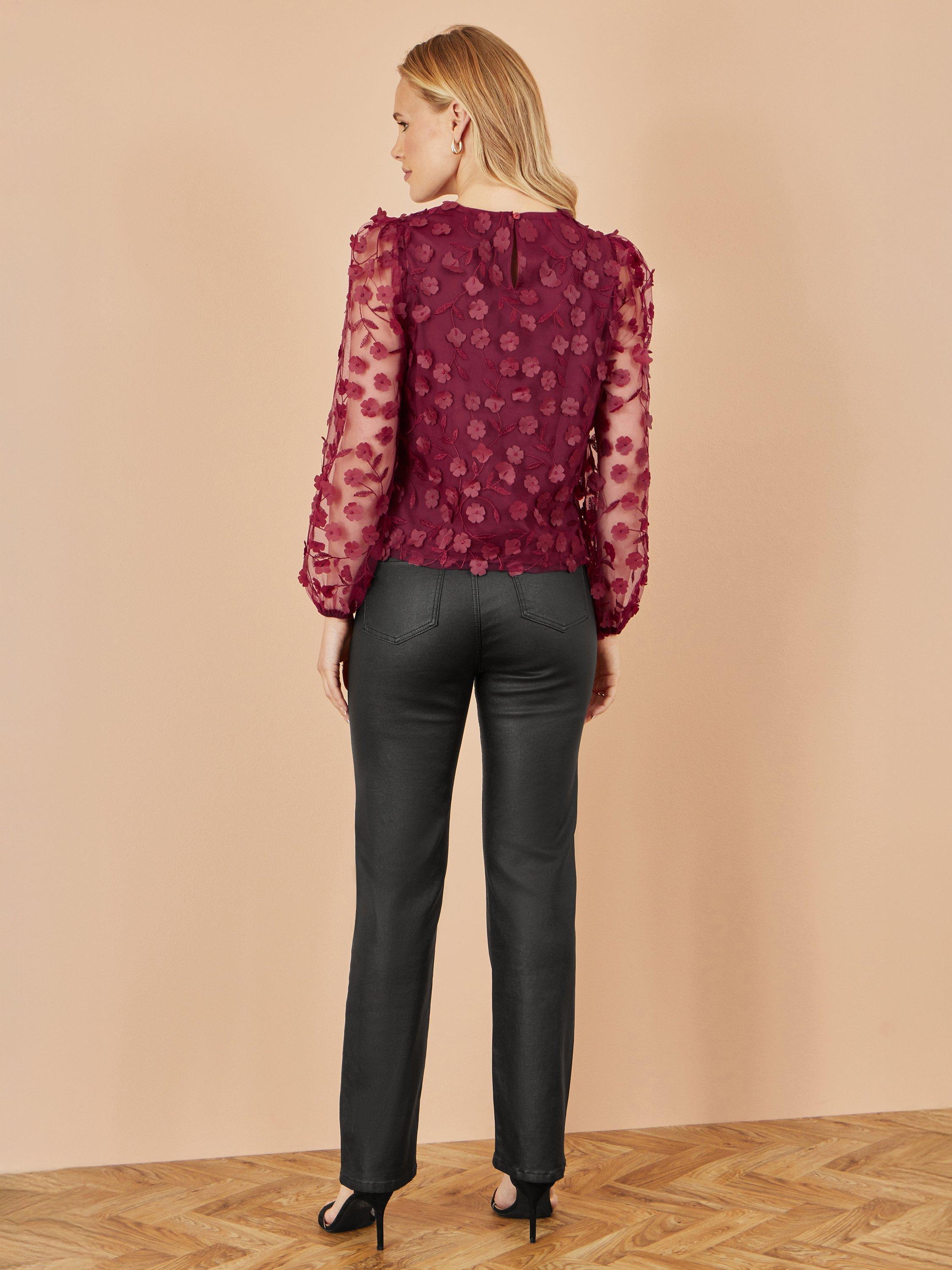 Product image 4 of 4, which shows Yumi Sheer Sleeve Flower Applique Top, Burgundy, 8