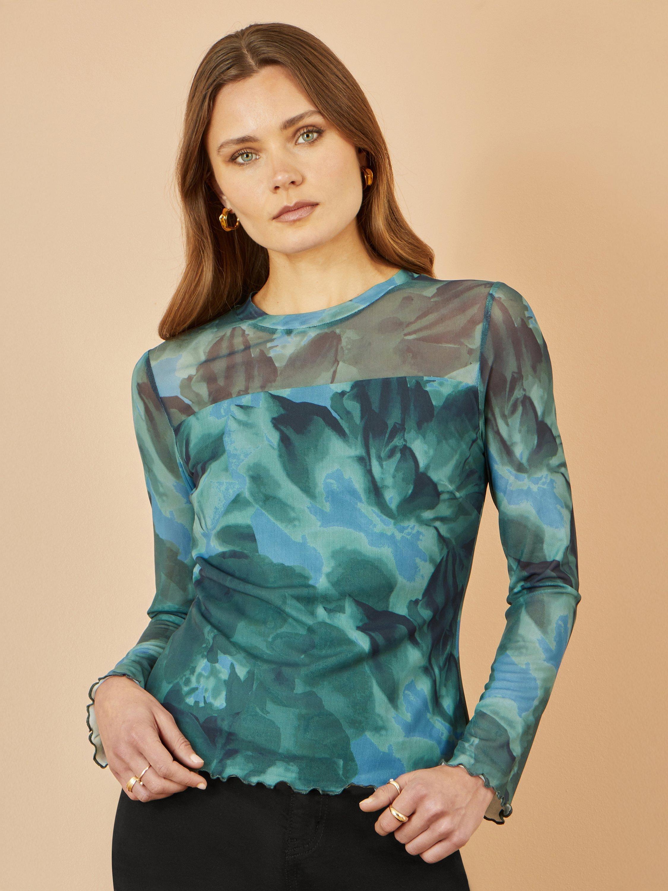 Product image 1 of 4, which shows Yumi Floral Abstract long Sleeve Jersey Mesh Top, Green, 8
