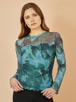 Yumi Floral Abstract long Sleeve Jersey Mesh Top, Green