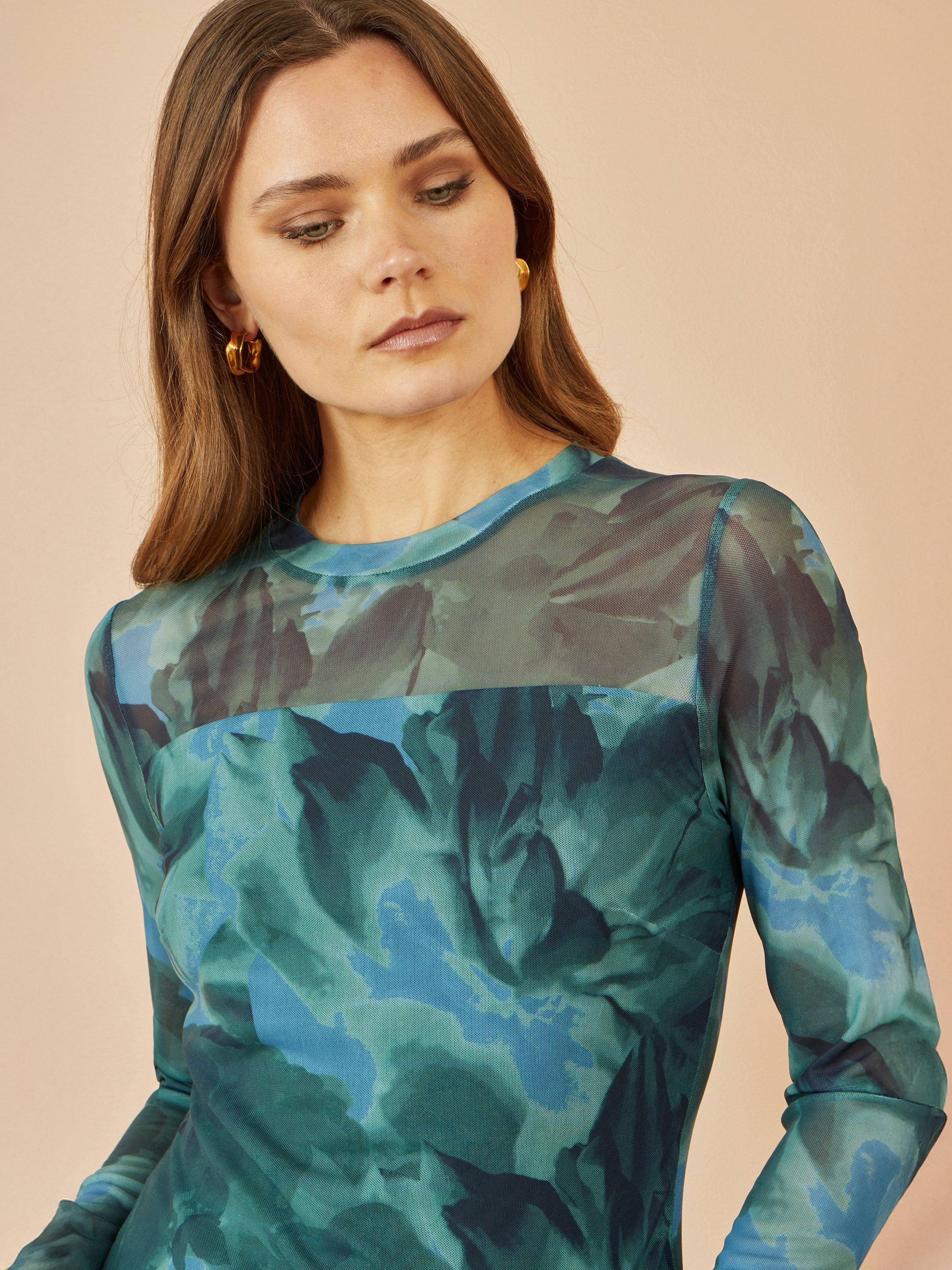 Product image 3 of 4, which shows Yumi Floral Abstract long Sleeve Jersey Mesh Top, Green, 8