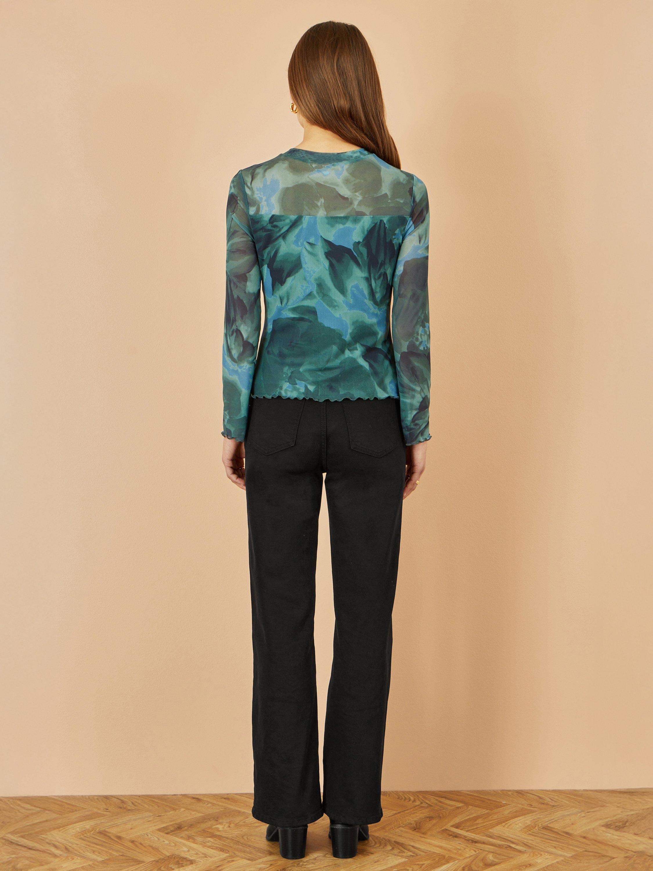 Product image 4 of 4, which shows Yumi Floral Abstract long Sleeve Jersey Mesh Top, Green, 8