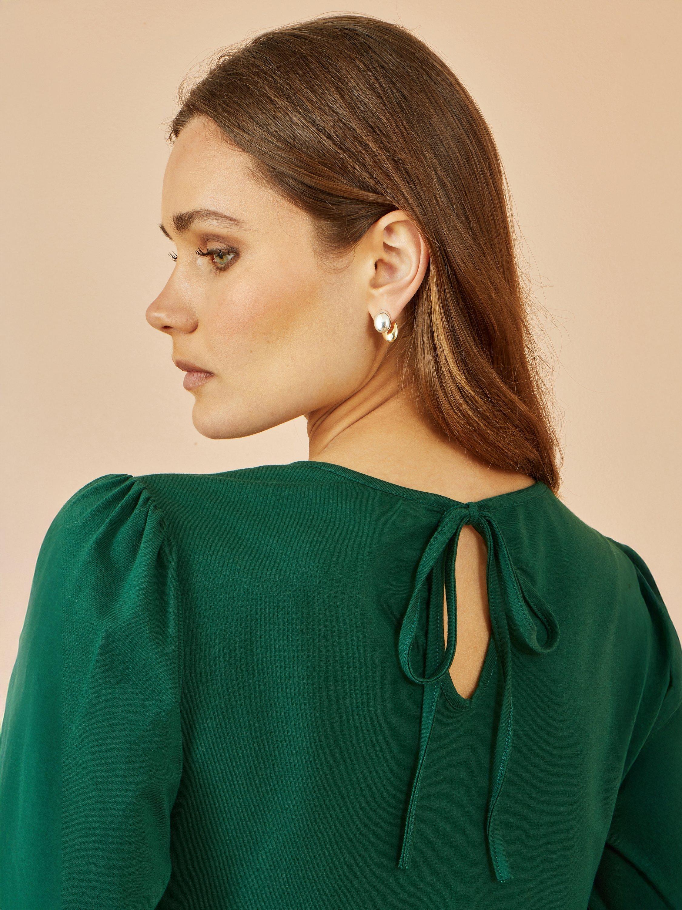 Product image 3 of 4, which shows Yumi Stretch  Long Sleeve Cotton Jersey Top, Green, 8