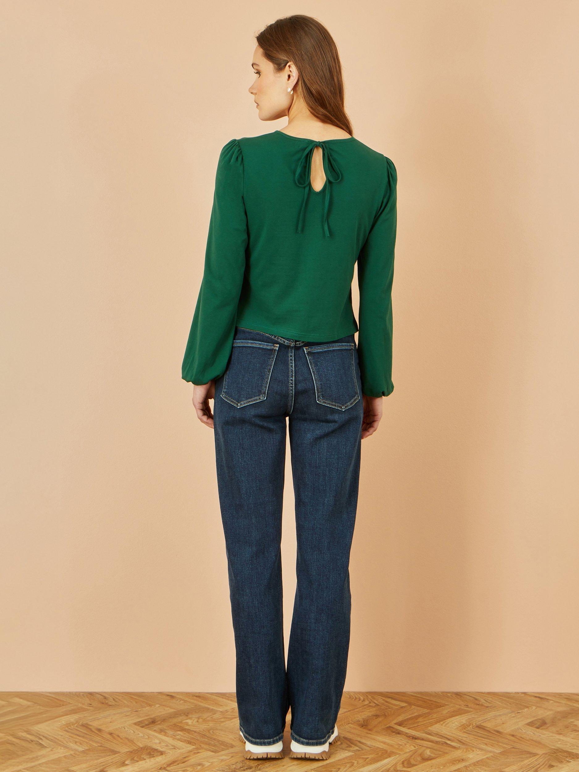 Product image 4 of 4, which shows Yumi Stretch  Long Sleeve Cotton Jersey Top, Green, 8