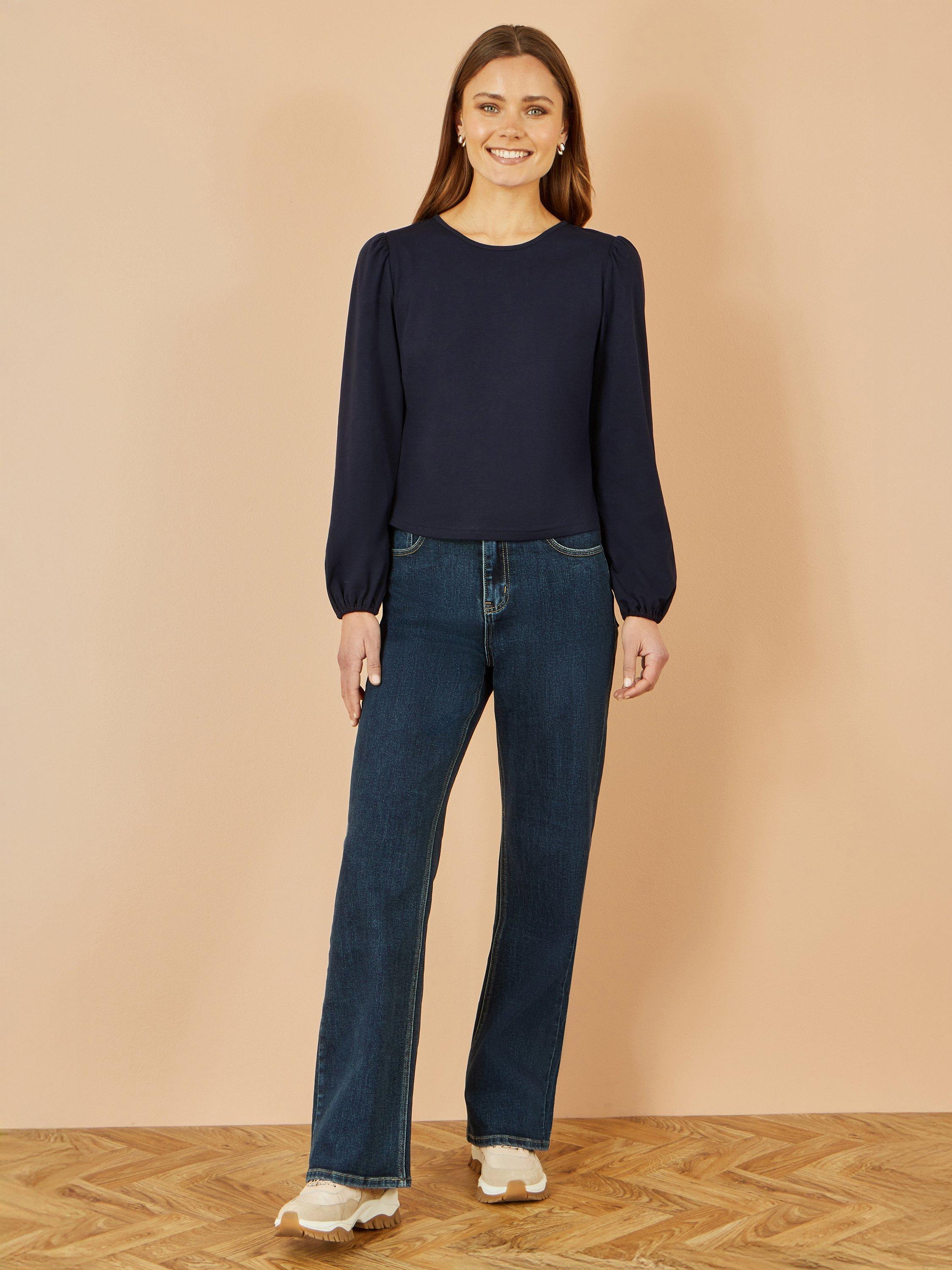 Product image 2 of 4, which shows Yumi Stretch  Long Sleeve Cotton Jersey Top, Navy, 8