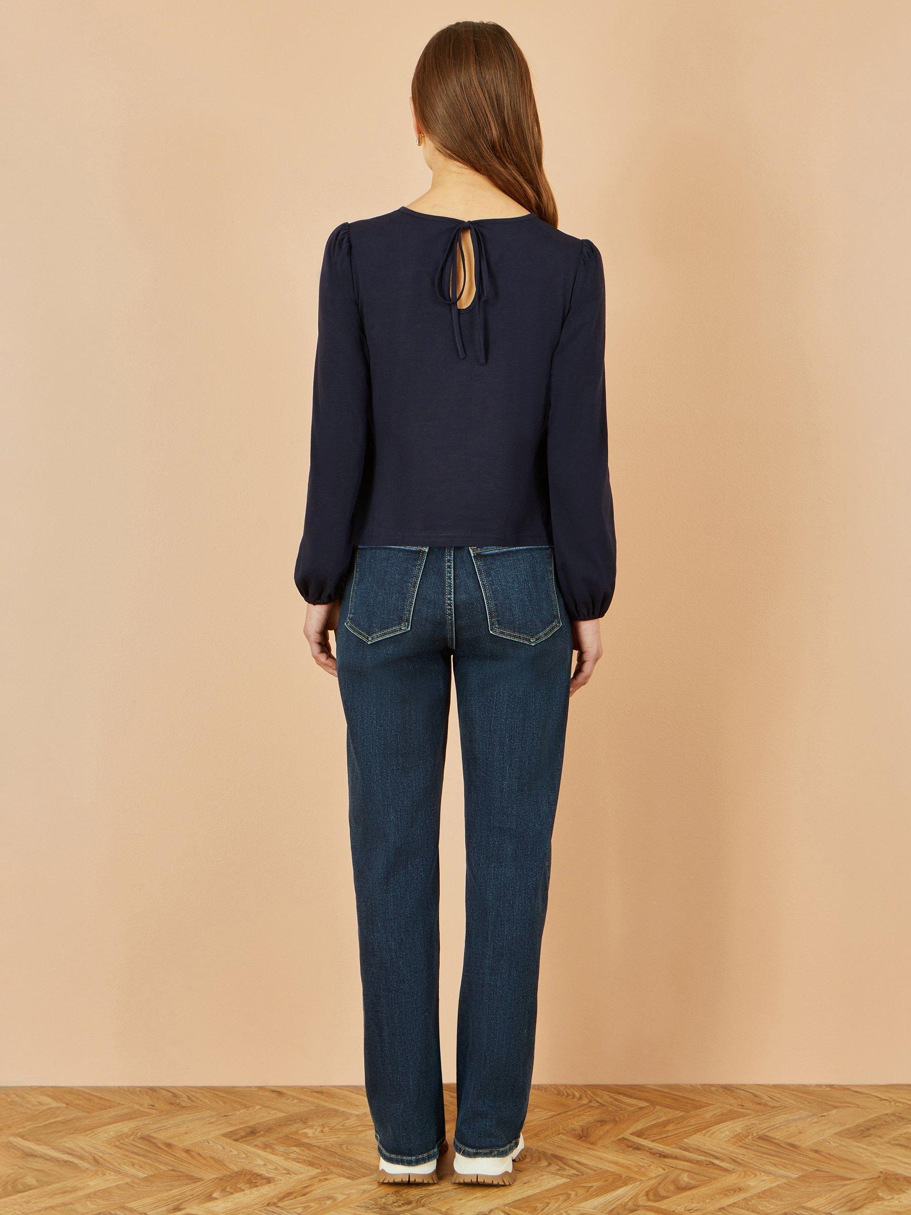 Product image 4 of 4, which shows Yumi Stretch  Long Sleeve Cotton Jersey Top, Navy, 8