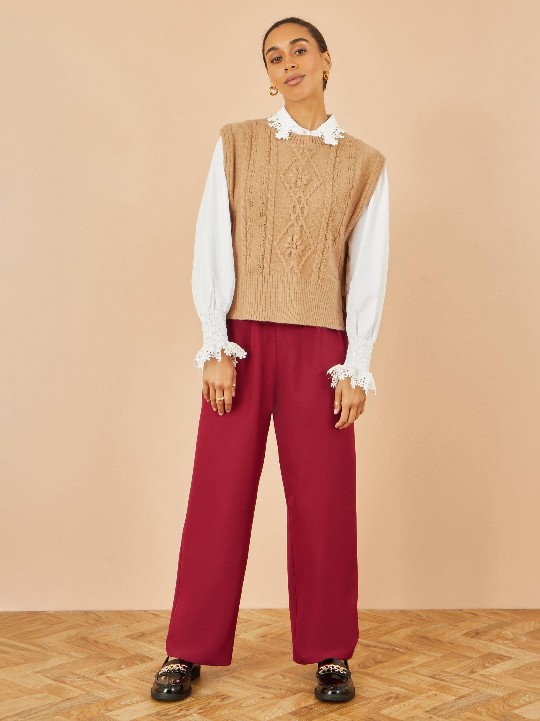 Product image 1 of 3, which shows Yumi Wide Leg Mid Rise Tailored Trousers, Burgundy, 8