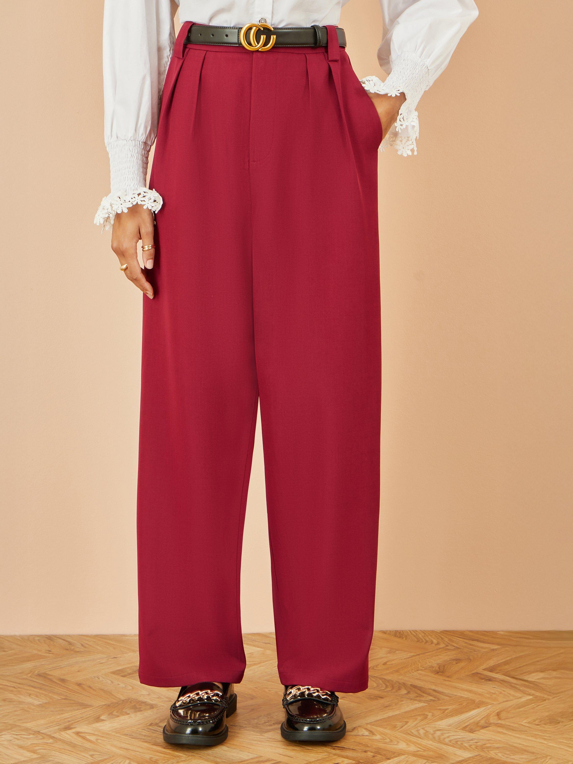 Product image 2 of 3, which shows Yumi Wide Leg Mid Rise Tailored Trousers, Burgundy, 8