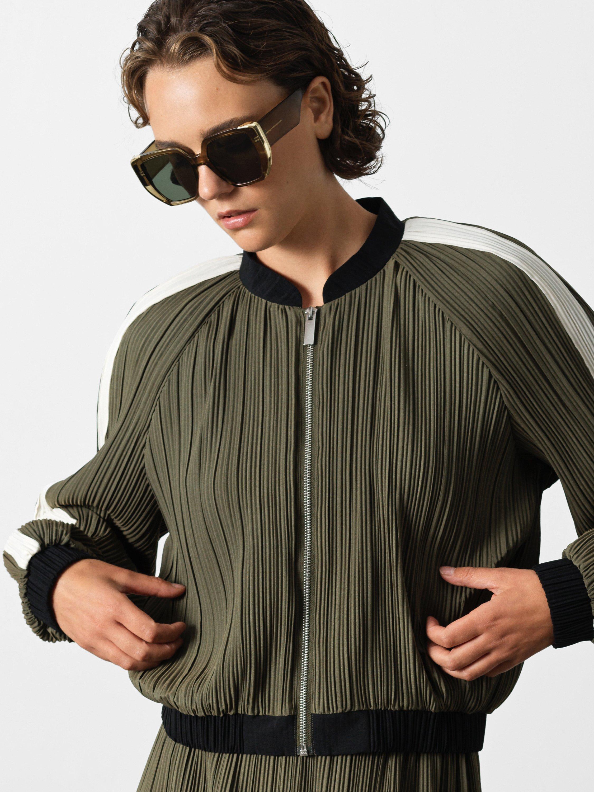 Product image 3 of 5, which shows French Connection Niri Plisse Bomber Jacket, Green/Multi, XS