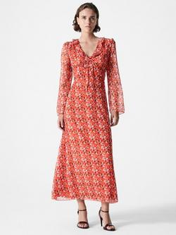 French Connection Rebecca Floral V-Neck Dress, Flame Orange/Multi, Flame Orange/Multi