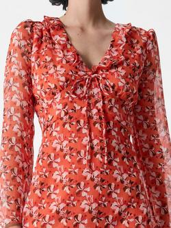 French Connection Rebecca Floral V-Neck Dress, Flame Orange/Multi - view 2, Flame Orange/Multi
