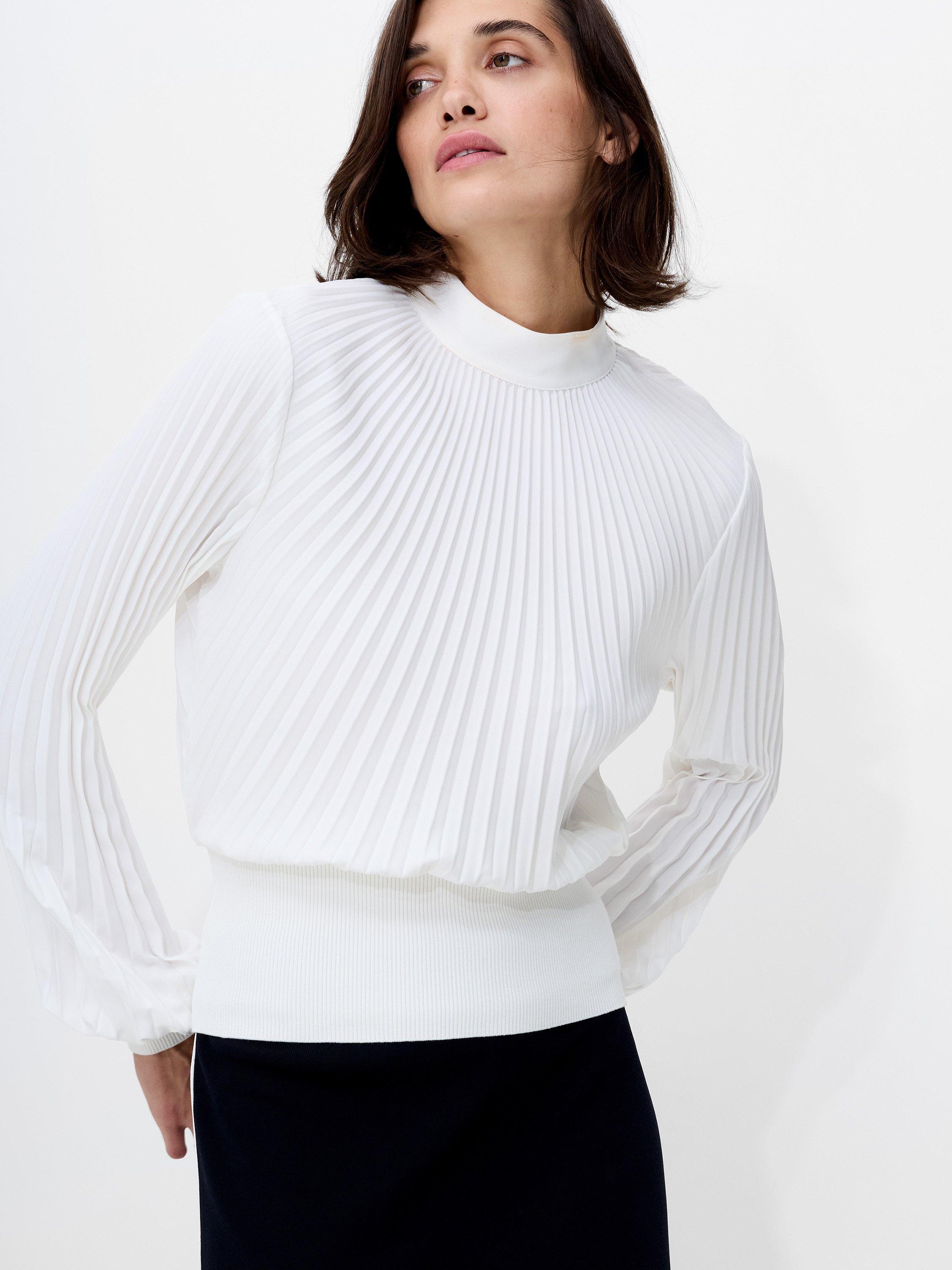 Product image 1 of 5, which shows French Connection Levy Balloon Sleeve Pleated Top, Winter White/Navy, XS