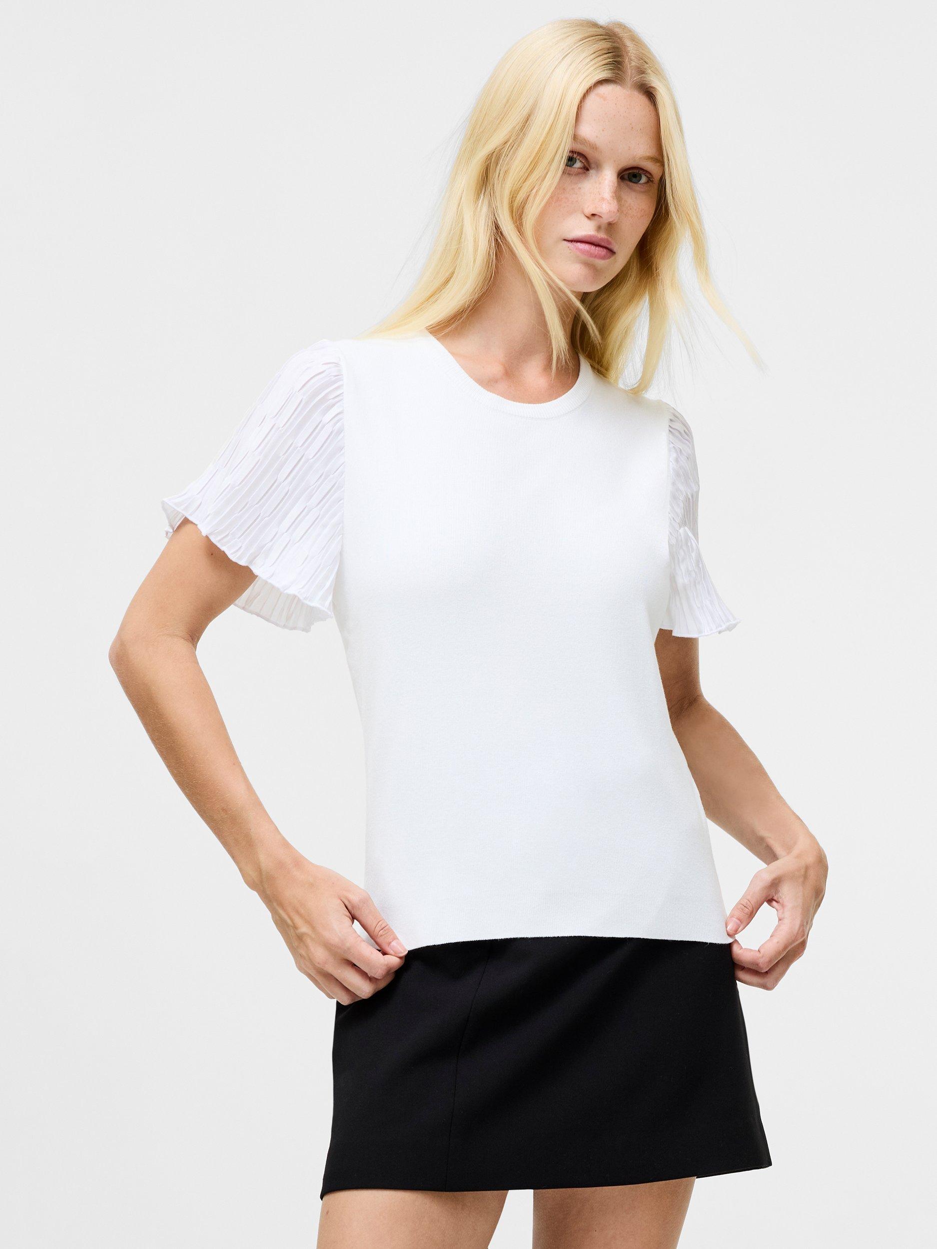 Product image 1 of 5, which shows French Connection Levy Pleated Sleeve Top, Linen White, XS