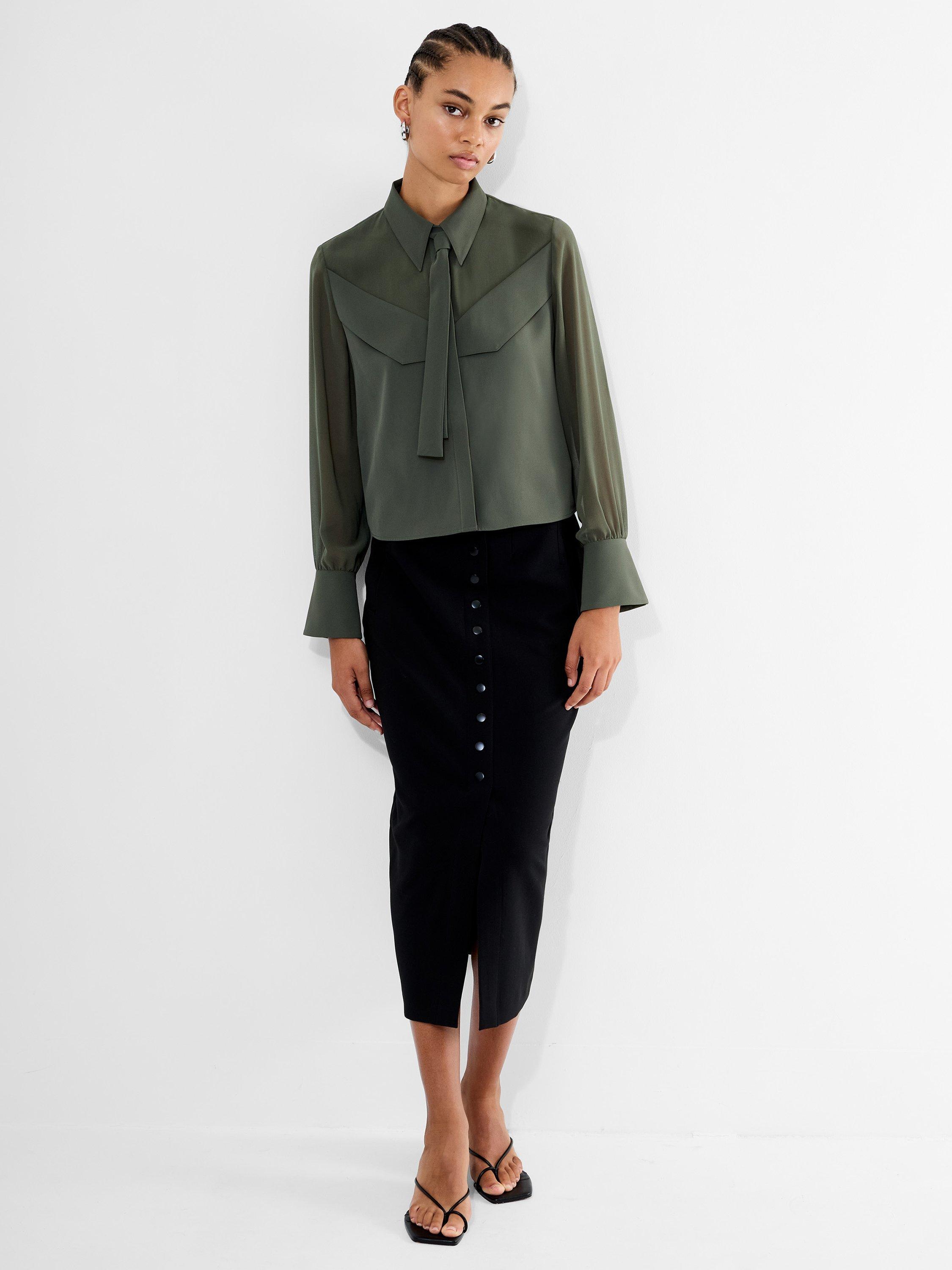 Product image 3 of 5, which shows French Connection Arezzo Neck Tie Shirt, Khaki Green, XS