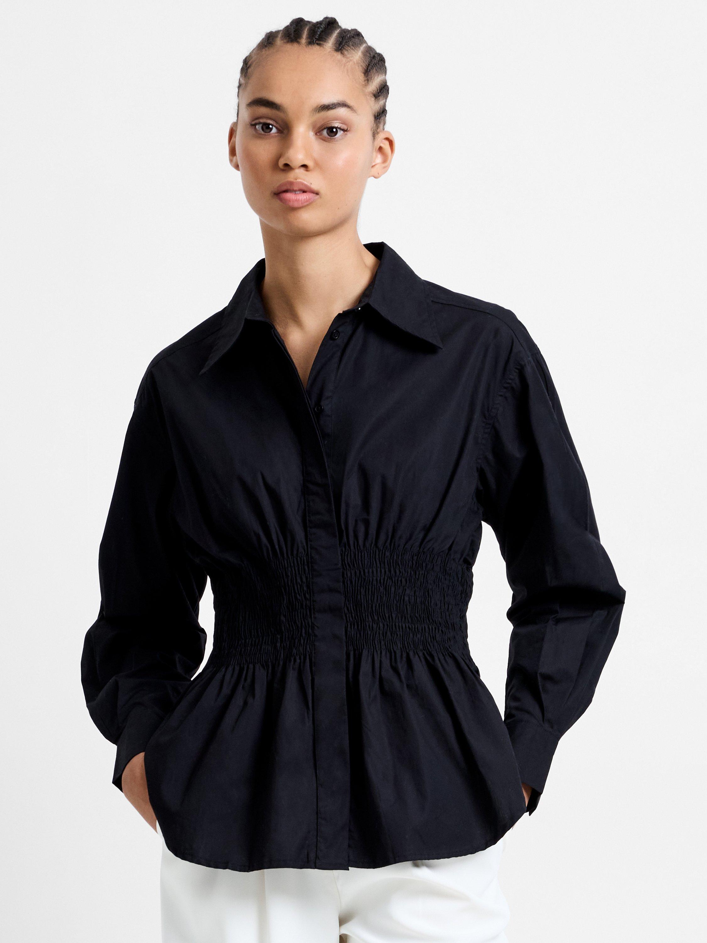 Product image 1 of 4, which shows French Connection Cambria Smocked Waist Shirt, Blackout, 6