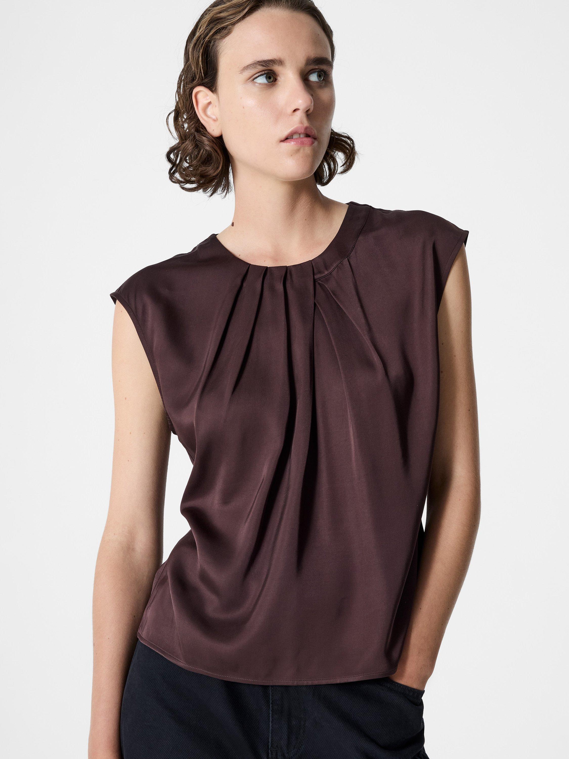 Product image 1 of 4, which shows French Connection Sera Satin Pleated Blouse, Bitter Chocolate, 6