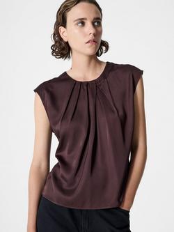 French Connection Sera Satin Pleated Blouse, Bitter Chocolate