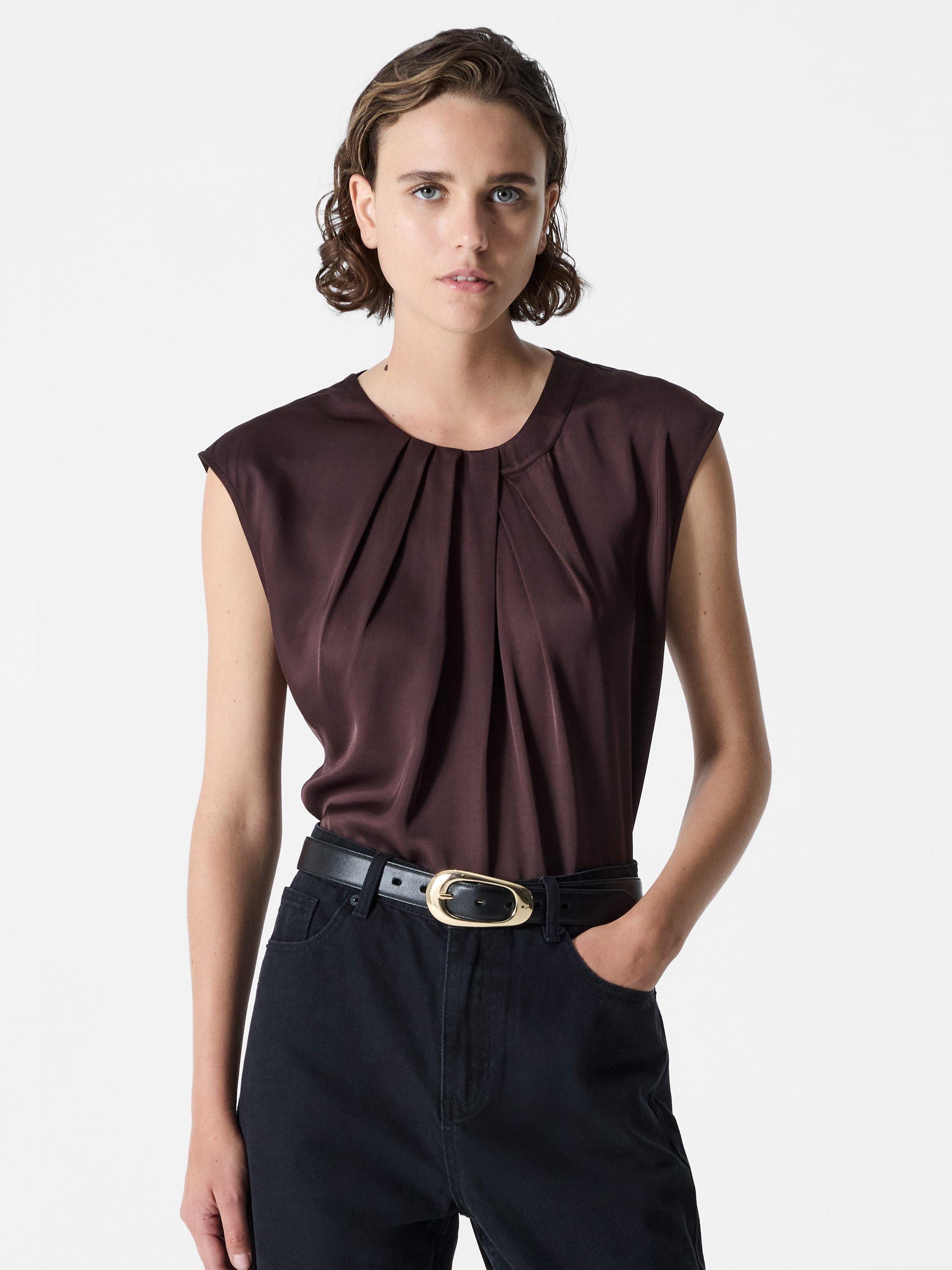 Product image 2 of 4, which shows French Connection Sera Satin Pleated Blouse, Bitter Chocolate, 6