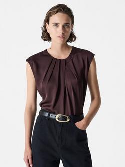 French Connection Sera Satin Pleated Blouse - view 2, Bitter Chocolate