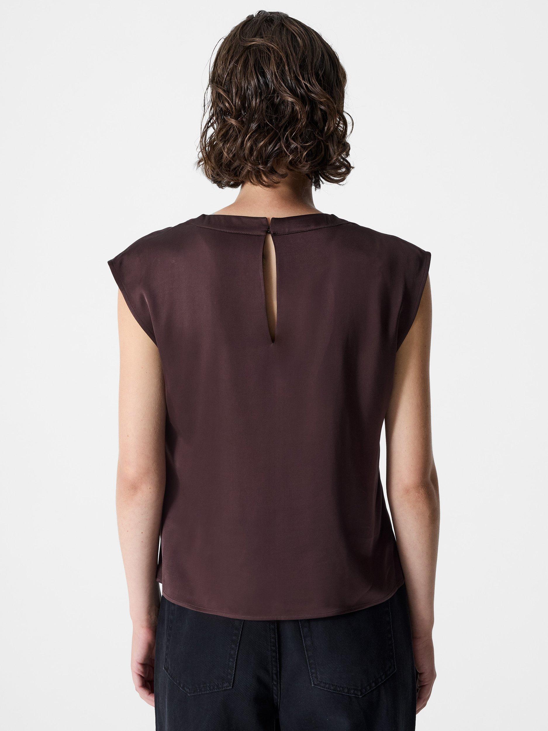 Product image 4 of 4, which shows French Connection Sera Satin Pleated Blouse, Bitter Chocolate, 6