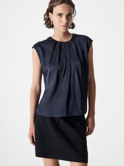 French Connection Sera Satin Pleated Blouse, Navy