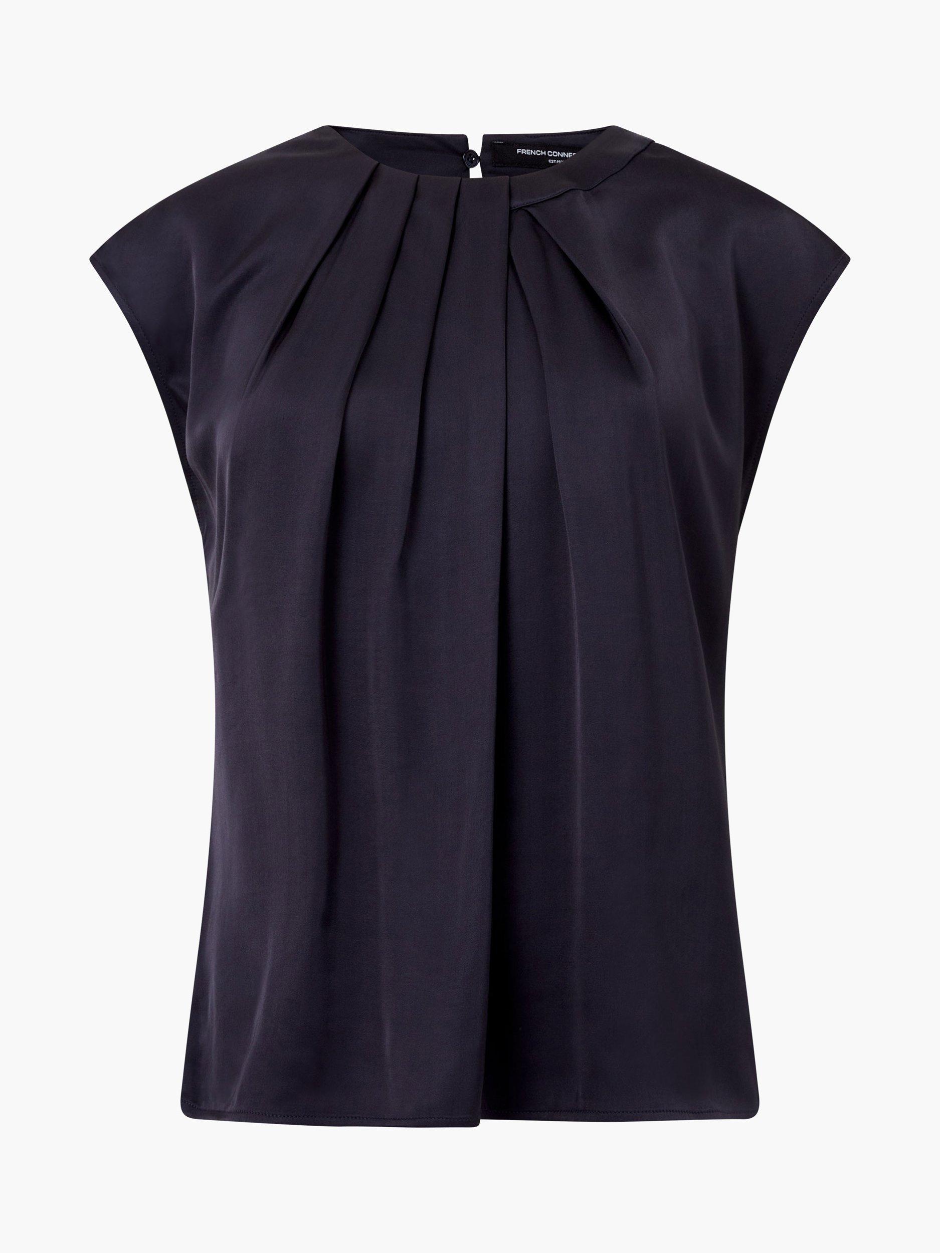 Product image 2 of 4, which shows French Connection Sera Satin Pleated Blouse, Navy, 6