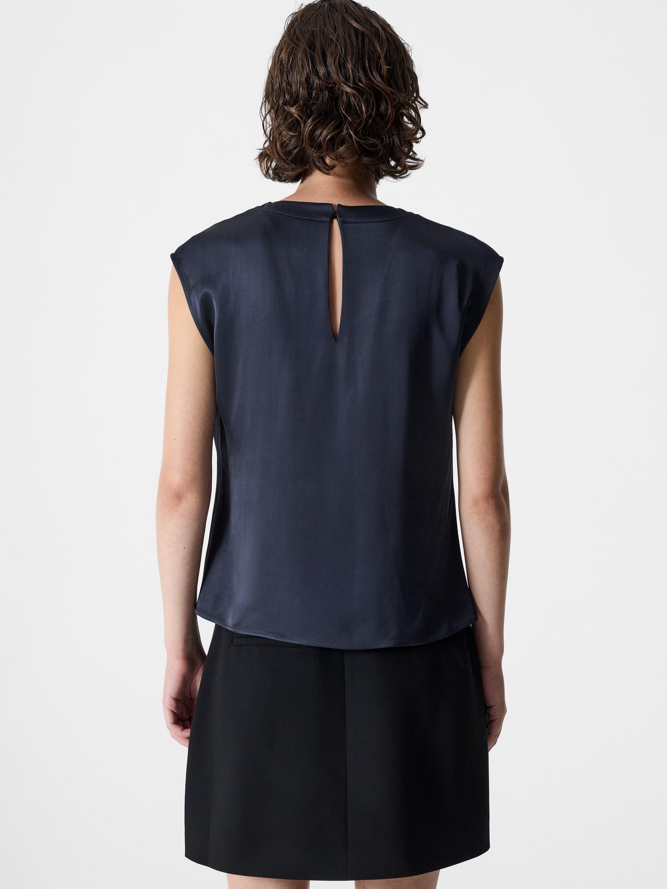 Product image 4 of 4, which shows French Connection Sera Satin Pleated Blouse, Navy, 6