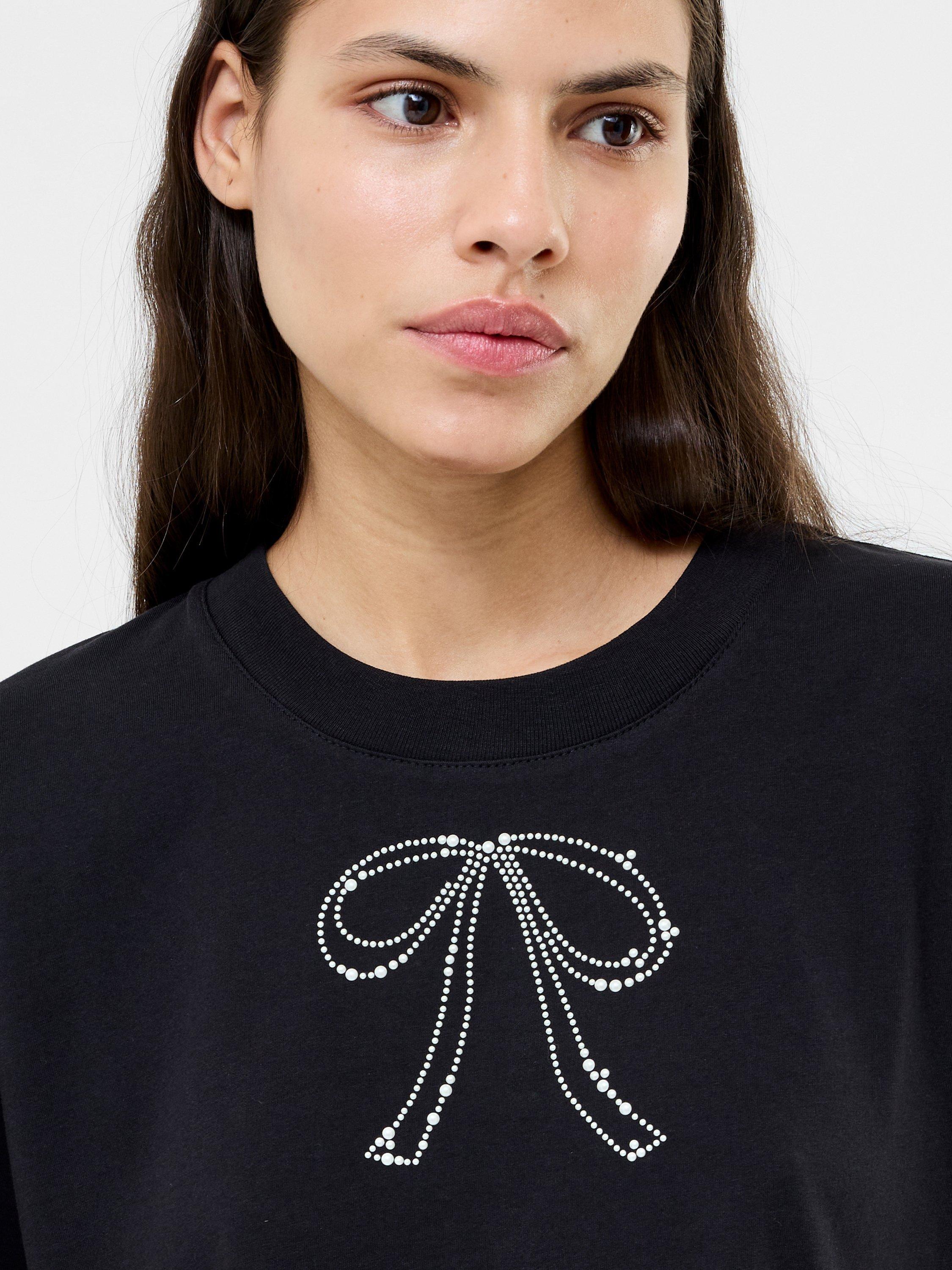 Product image 2 of 5, which shows French Connection Pearl Bow T-Shirt, Blackout, XS