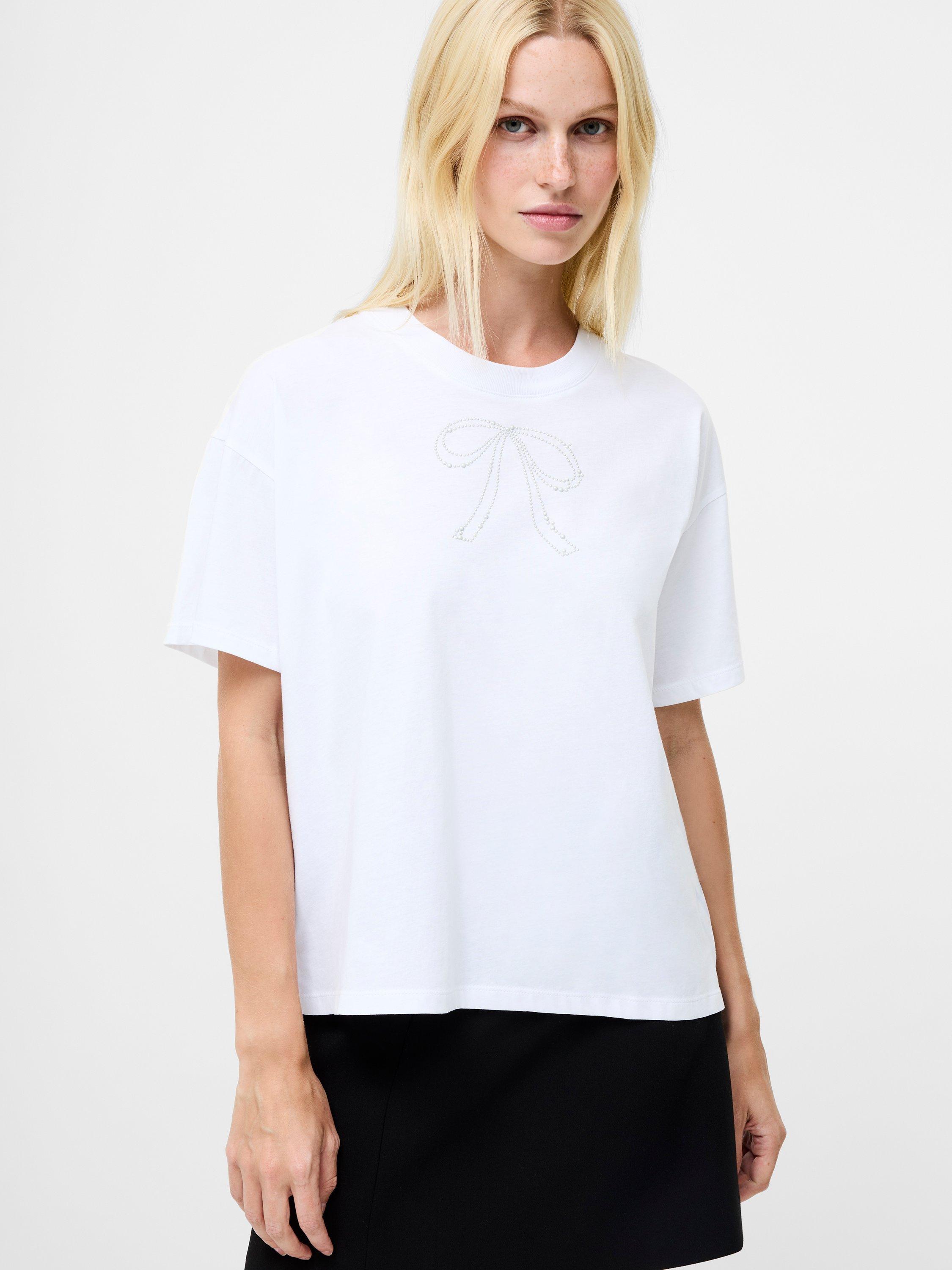 Product image 1 of 5, which shows French Connection Pearl Bow T-Shirt, Linen White, XS