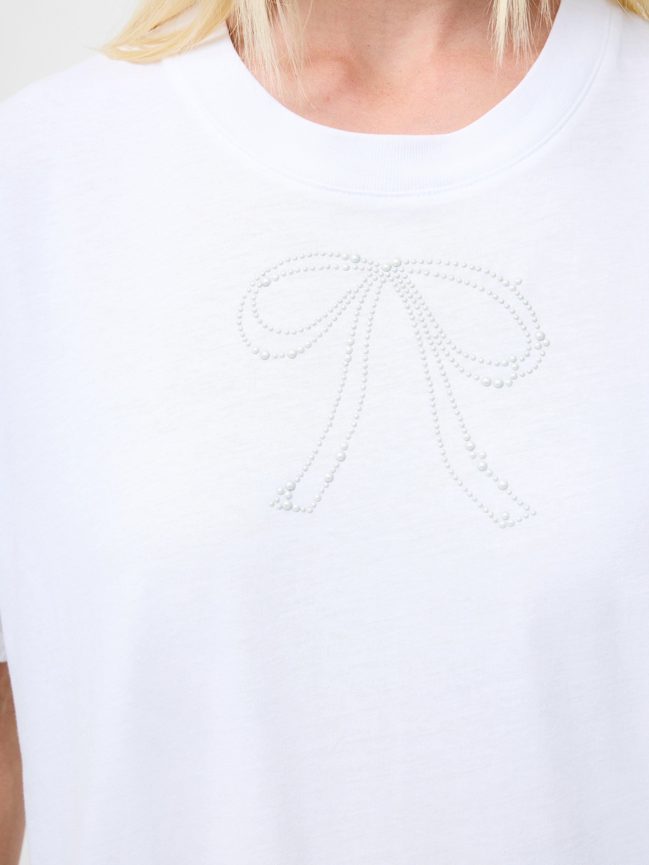 Product image 2 of 5, which shows French Connection Pearl Bow T-Shirt, Linen White, XS