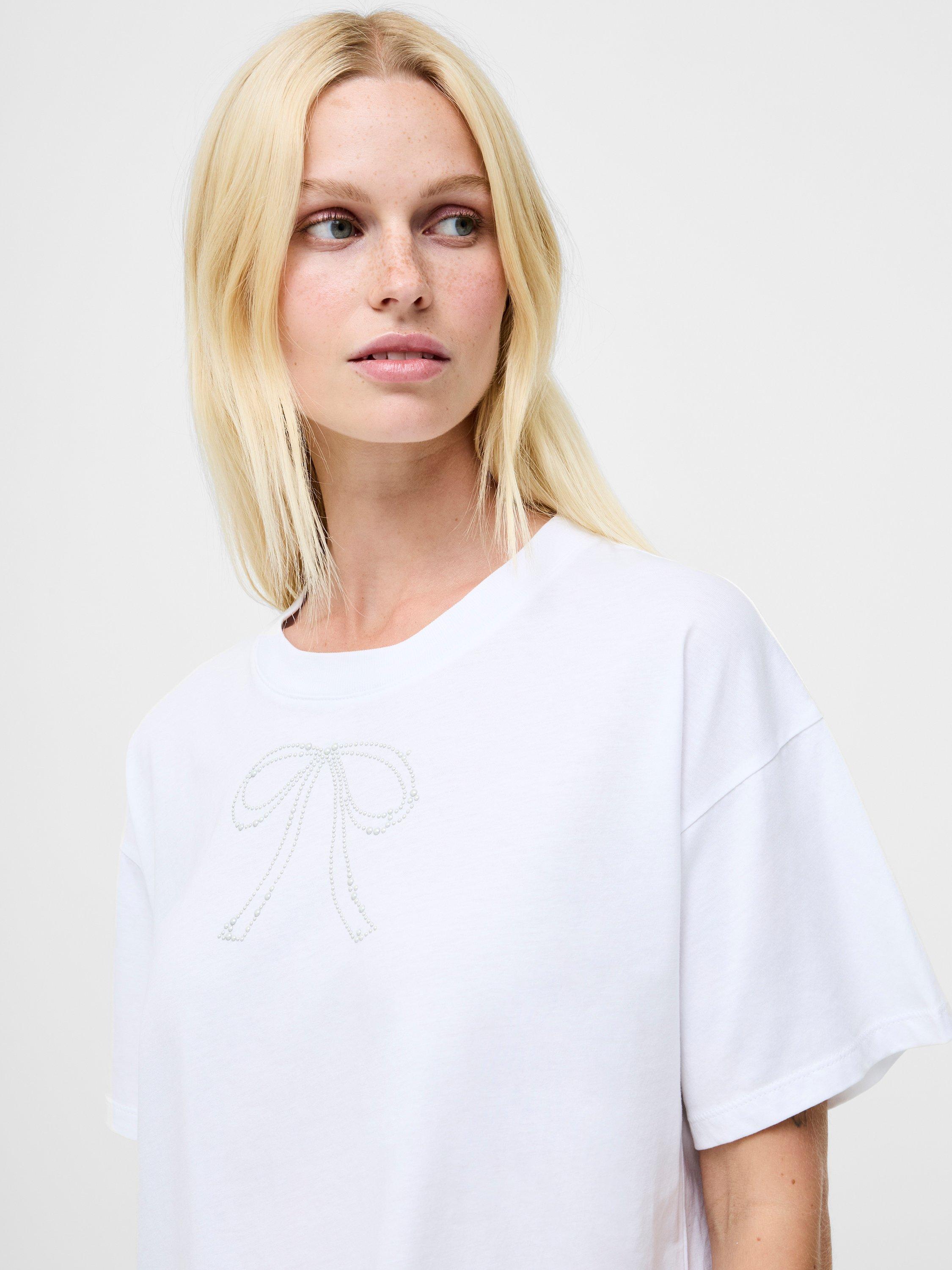 Product image 3 of 5, which shows French Connection Pearl Bow T-Shirt, Linen White, XS