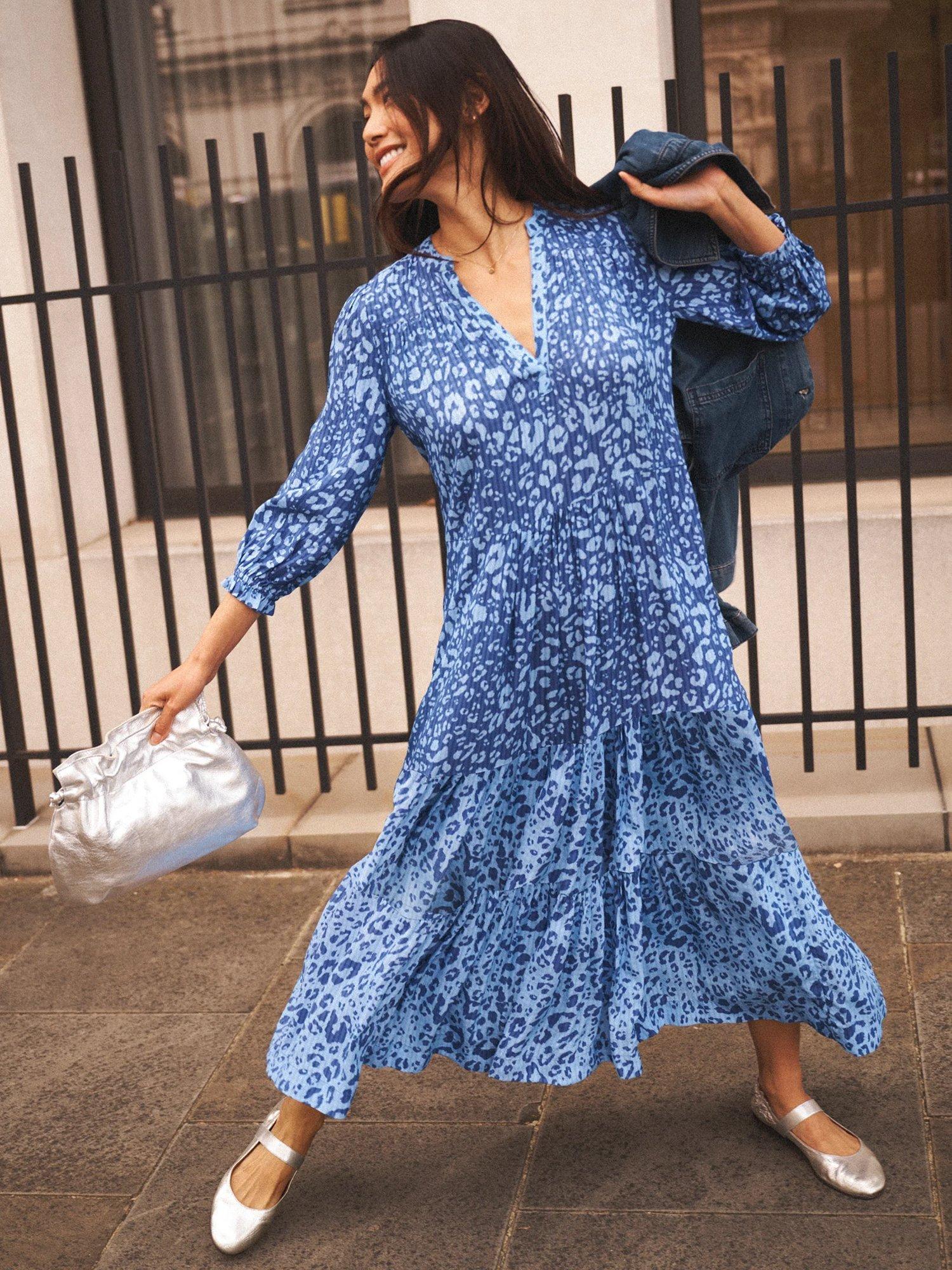 Product image 1 of 10, which shows NRBY Naomi Animal Print Dress, Blue/Multi, XS