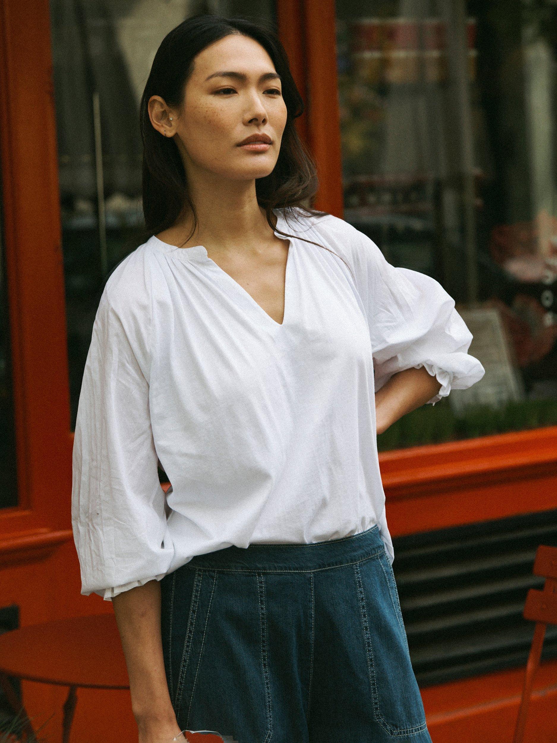 Product image 1 of 7, which shows NRBY Anita V-Neck Top, White, XL