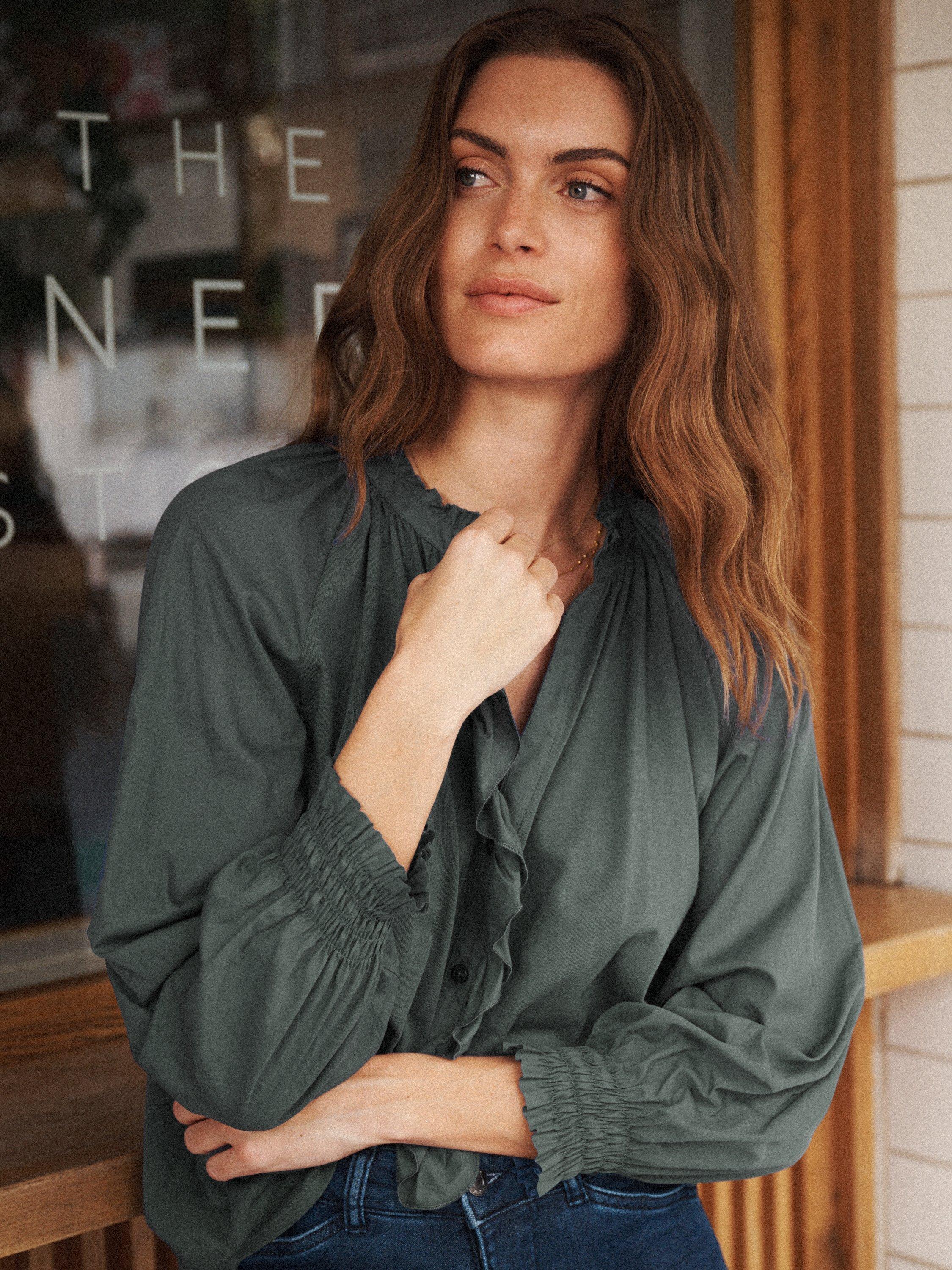 Product image 4 of 8, which shows NRBY Stevie Frill Shirt, Khaki, XS