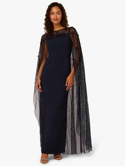 Adrianna Papell Beaded Cape Crepe Maxi Dress, Midnight Blue, Midnight Blue