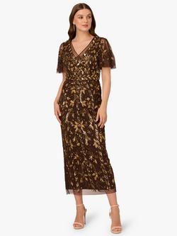 Adrianna Papell Beaded Flutter Sleeve Dress, Chocolate, Chocolate