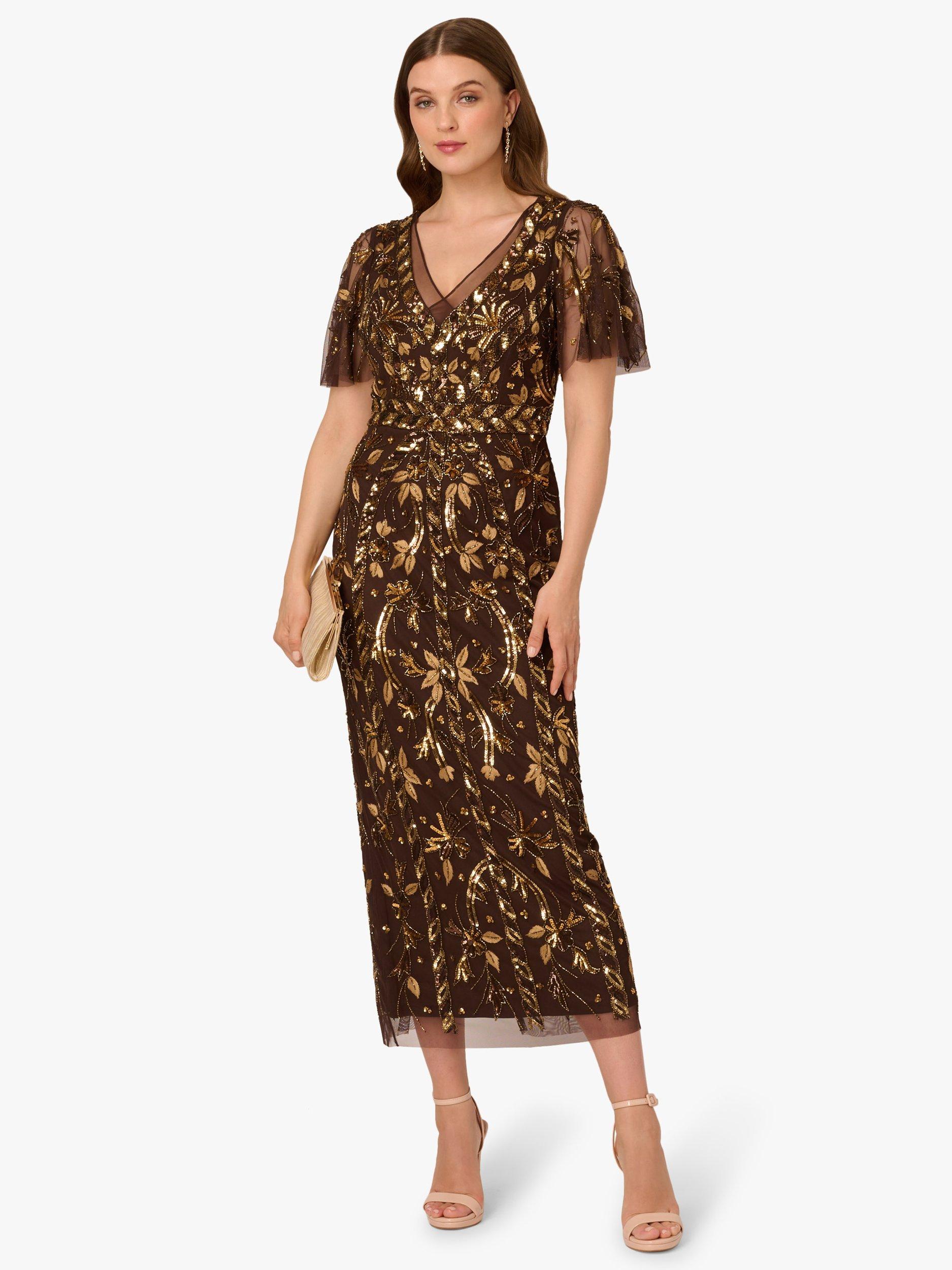 Product image 3 of 6, which shows Adrianna Papell Beaded Flutter Sleeve Dress, Chocolate, 6