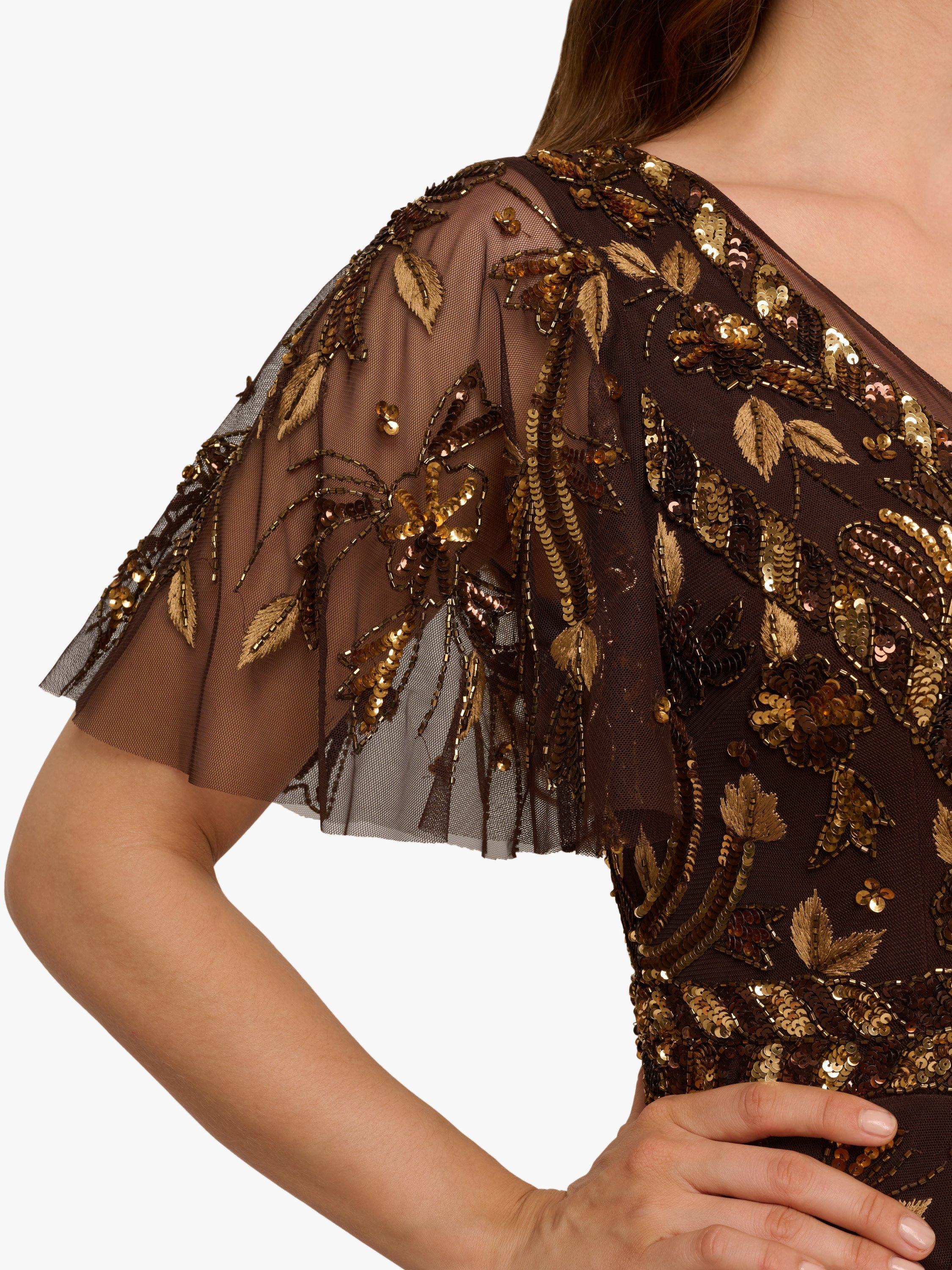 Product image 5 of 6, which shows Adrianna Papell Beaded Flutter Sleeve Dress, Chocolate, 6