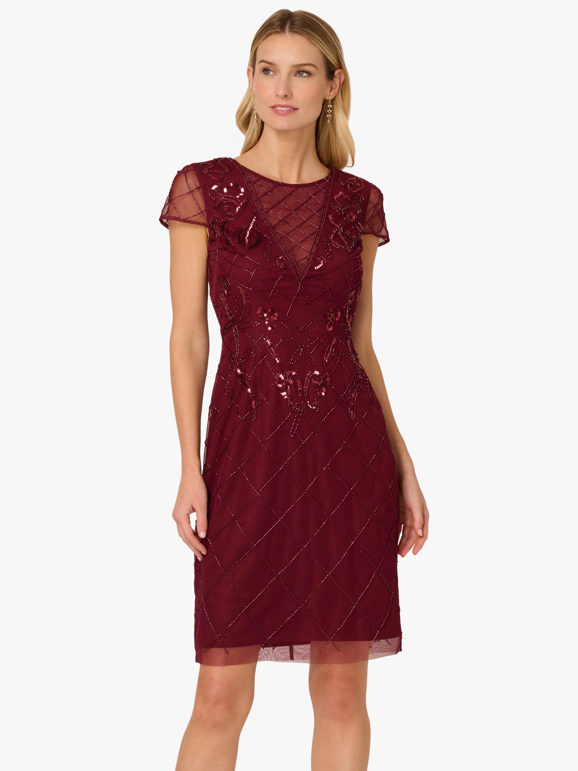 Product image 1 of 7, which shows Adrianna Papell Studio Beaded Mesh Sheath Dress, Mahogany, 6