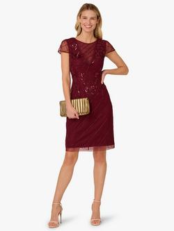 Adrianna Papell Studio Beaded Mesh Sheath Dress, Mahogany - view 2, Mahogany