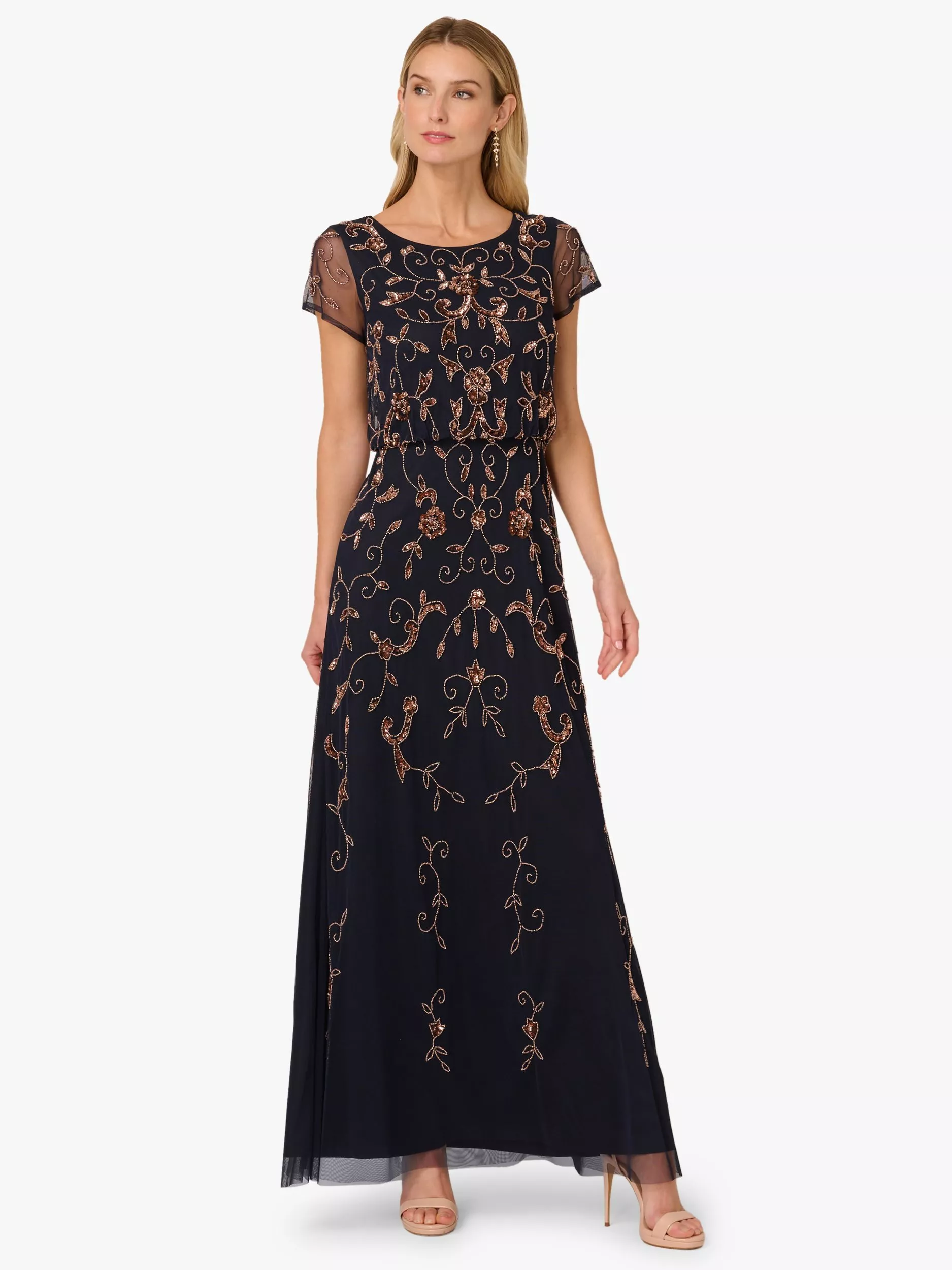 Adrianna Papell Studio Beaded Blouson Maxi Dress, Navy/Rose Gold