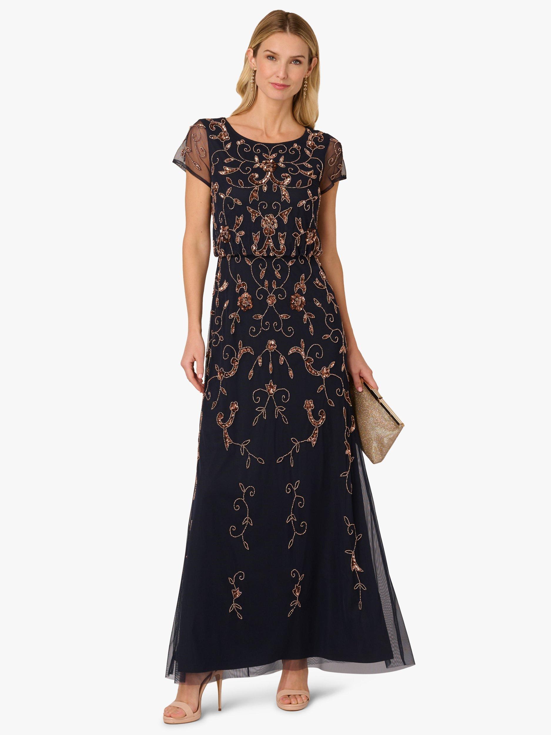 Adrianna Papell Studio Beaded Blouson Maxi Dress, Navy/Rose Gold