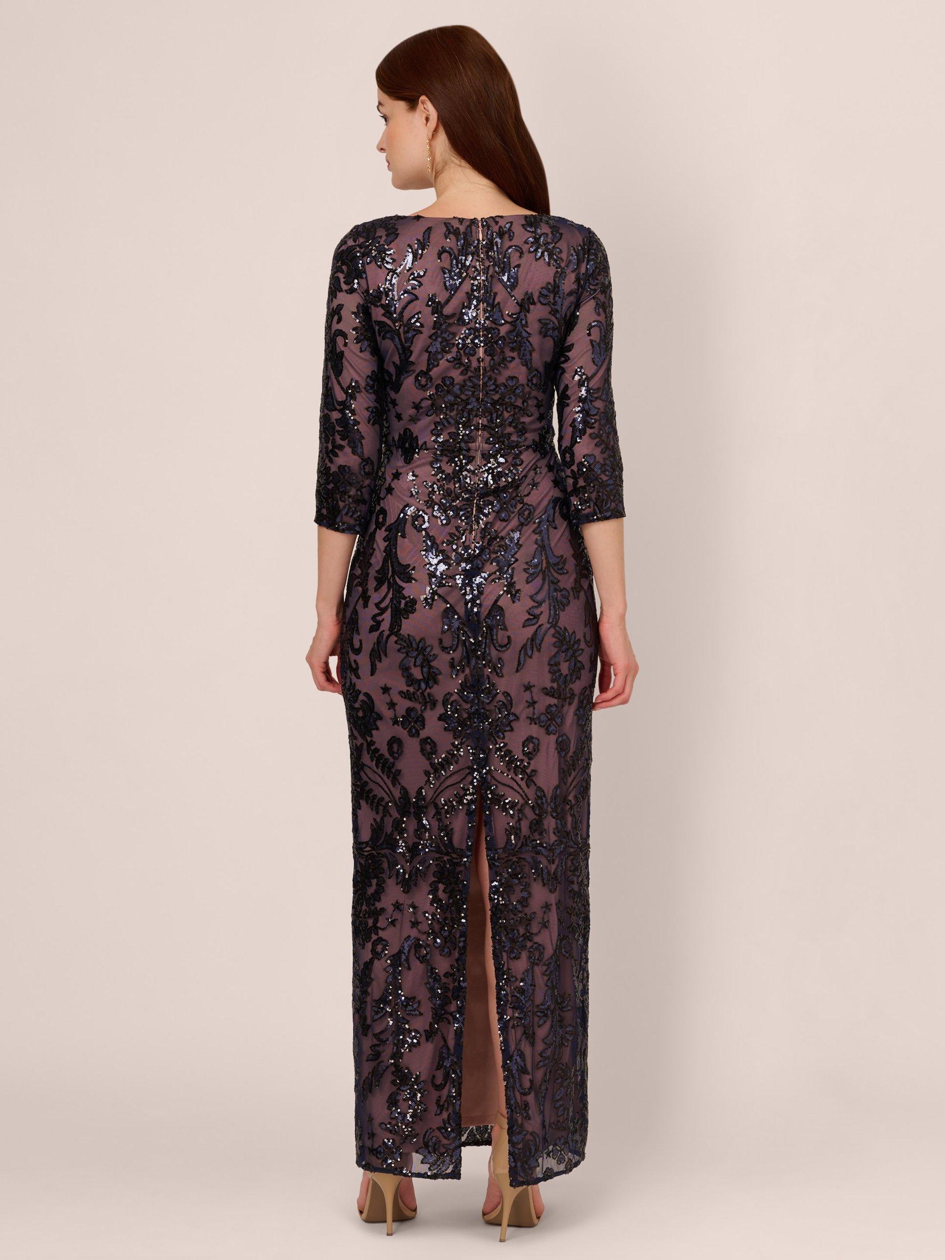 slim fit dress slacks Navy And Gold Sequin Maxi Dress With Slit