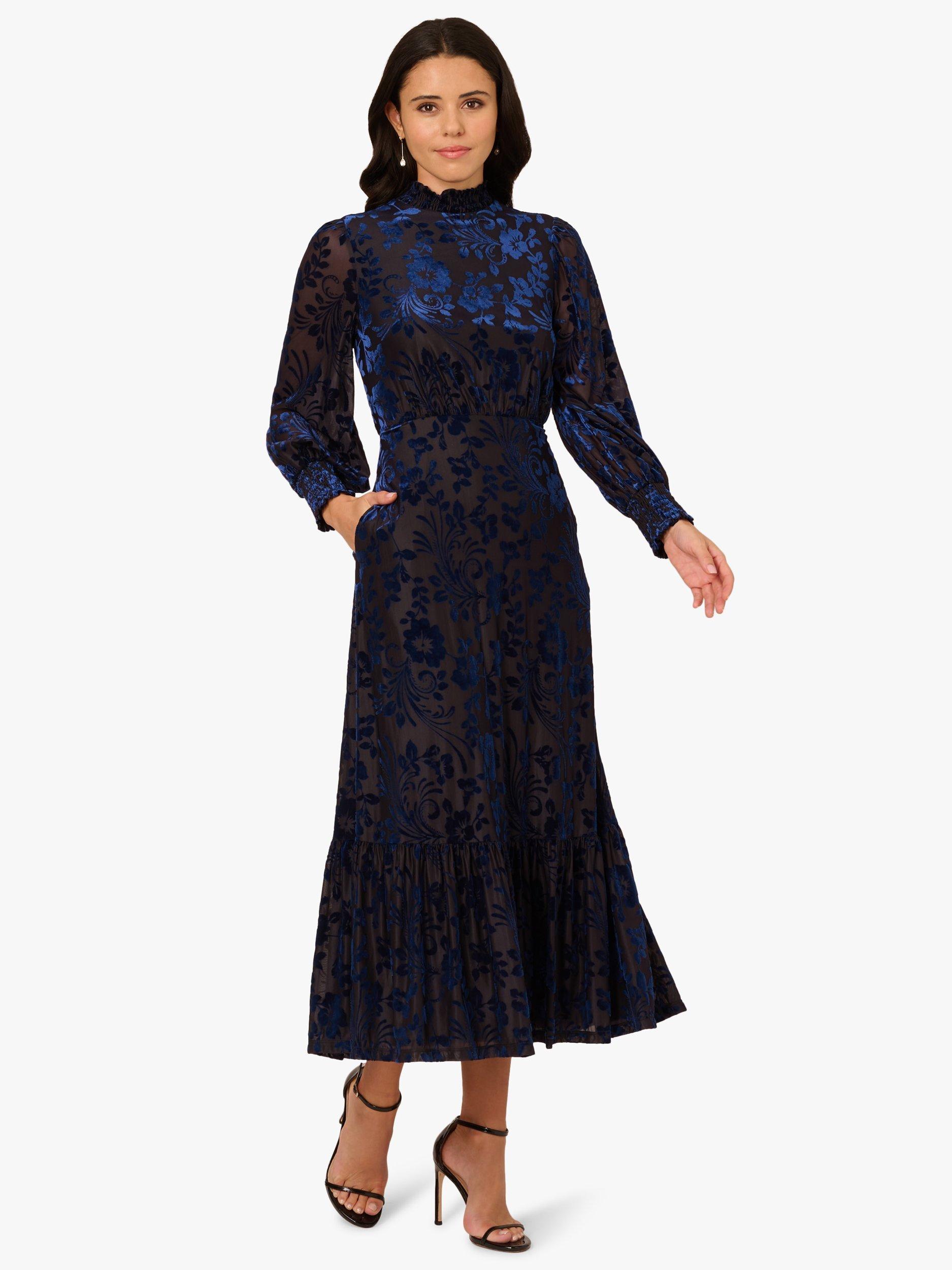 princess polly baby blue dress Adrianna Papell Floral Burnout Velvet Midi Dress, Light Navy
